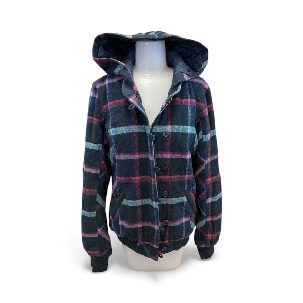 Billabong Y2K Plaid Hooded Jacket Multicolor Zip Front Quilted Lining Medium